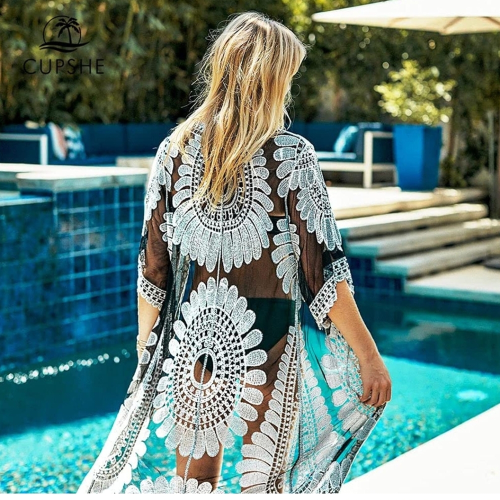 NWT CUPSHE Boho Sunflower Swim Cover Up Sheer Scalloped Black White One Size